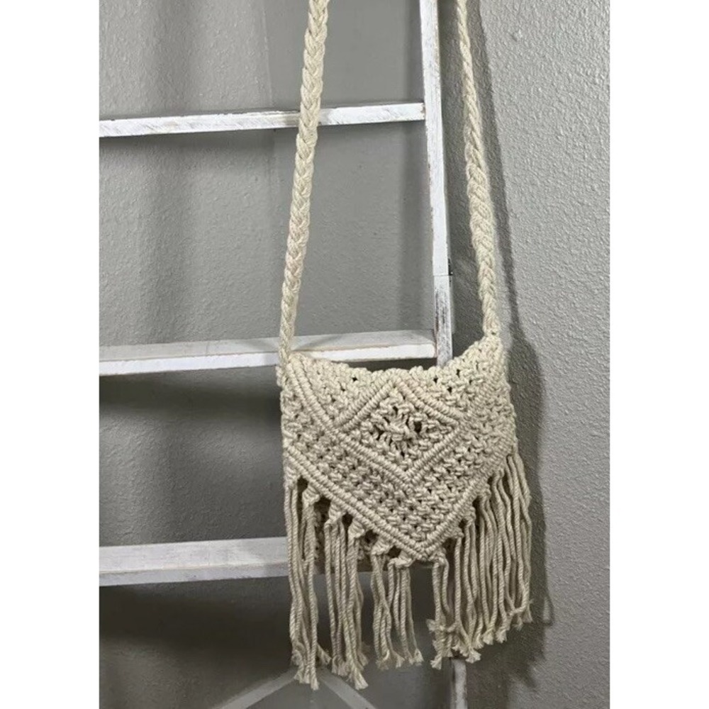Women's White Macrame Boho Purse With Tassels Shoulder Purse/Bag